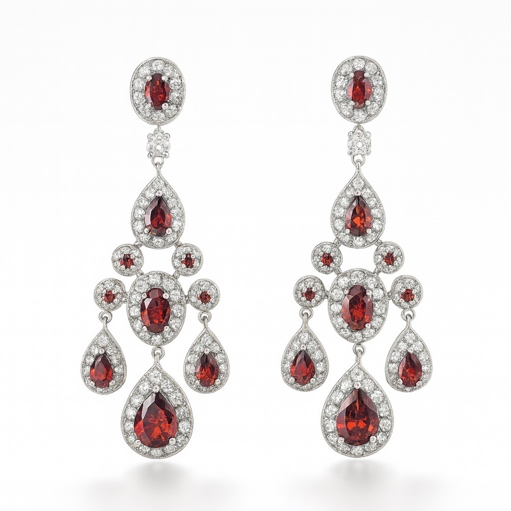 Classic Vintage Style Silver Earrings With Red and Clean Zirconia